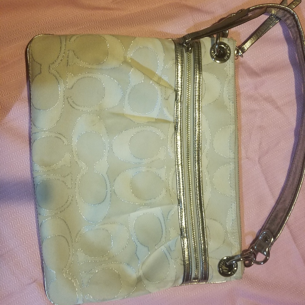 Silver and cream coach bag
